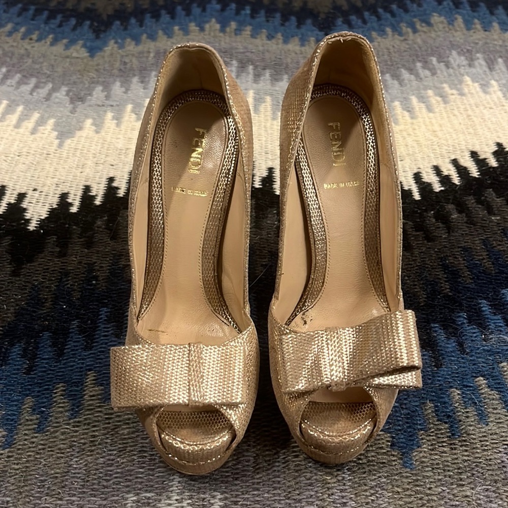 Fendi Peeptoe Bow Gold Heel